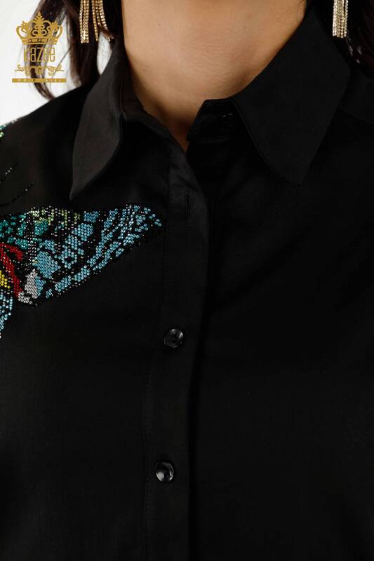 فروش عمده پیراهن زنانه - طرح پروانه - مشکی - 20235 | KAZEE