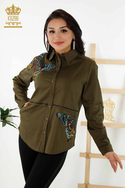 فروش عمده پیراهن زنانه - طرح پروانه - خاکی - 20235 | KAZEE