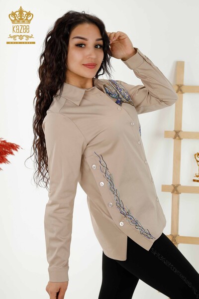 فروش عمده پیراهن زنانه رنگی طرح پرنده بژ - 20236 | KAZEE - Thumbnail