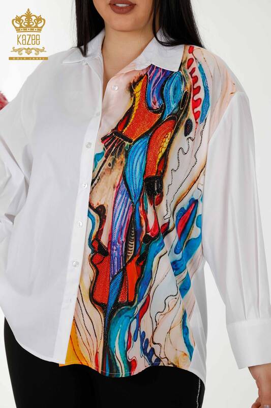 فروش عمده پیراهن زنانه - سفید طرحدار رنگارنگ - 20224 | KAZEE