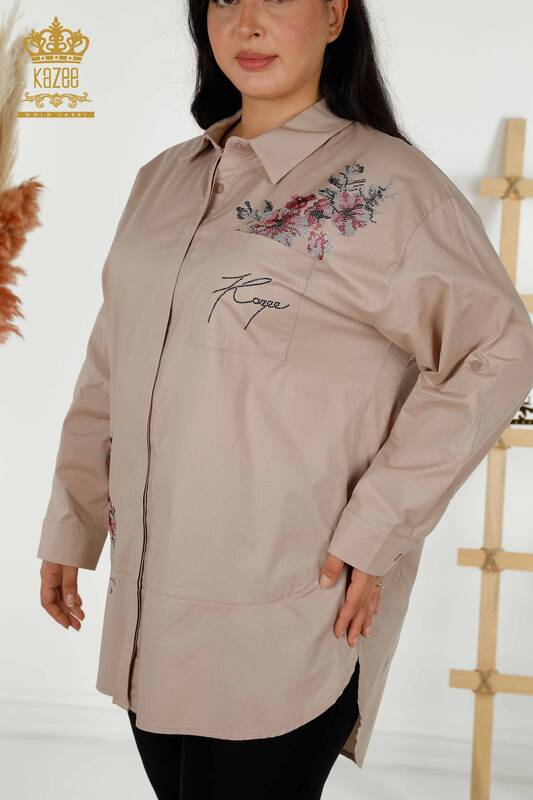 فروش عمده پیراهن زنانه - طرح گل - بژ - 20439 | KAZEE