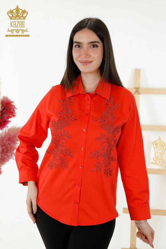فروش عمده پیراهن زنانه - طرح گل - نارنجی - 20249 | KAZEE