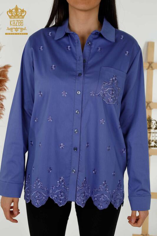 فروش عمده پیراهن زنانه طرح گل یاسی جیبی - 20412 | KAZEE