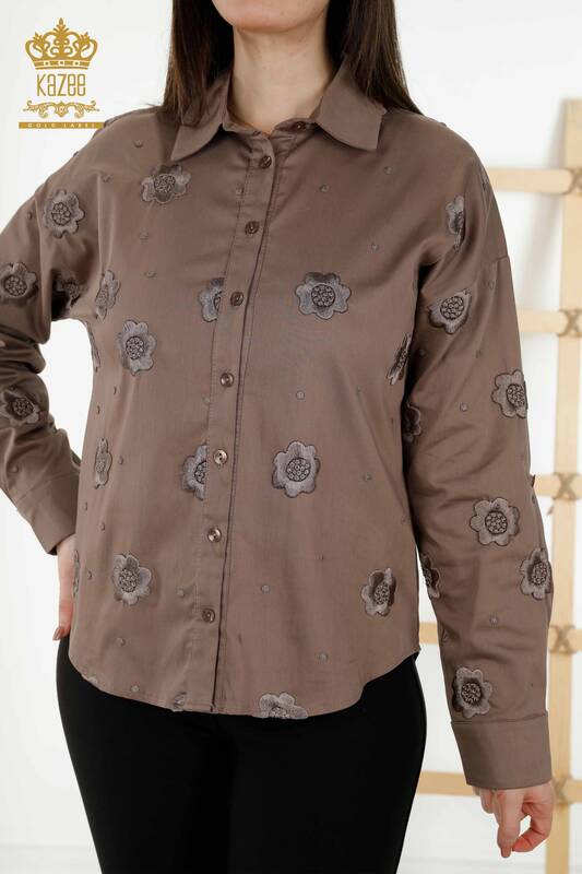 فروش عمده پیراهن زنانه - گل دوزی - قهوه ای - 20394 | KAZEE
