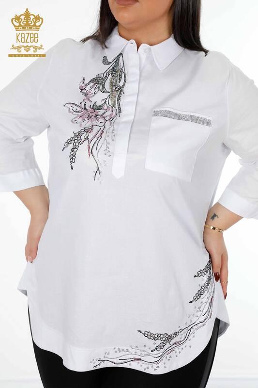 فروش عمده پیراهن زنانه - طرح گل - سنگ دوزی - جزییات جیبی - 20142 | KAZEE