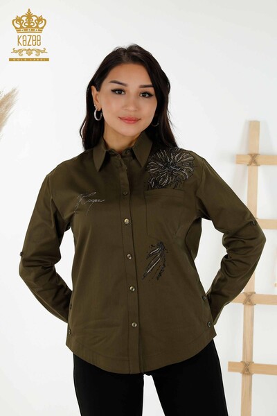 فروش عمده پیراهن زنانه - گل - سنگ دوزی - خاکی - 20232 | KAZEE - Thumbnail