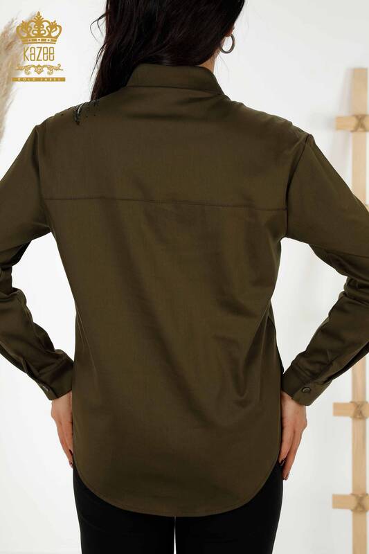فروش عمده پیراهن زنانه - گل - سنگ دوزی - خاکی - 20232 | KAZEE