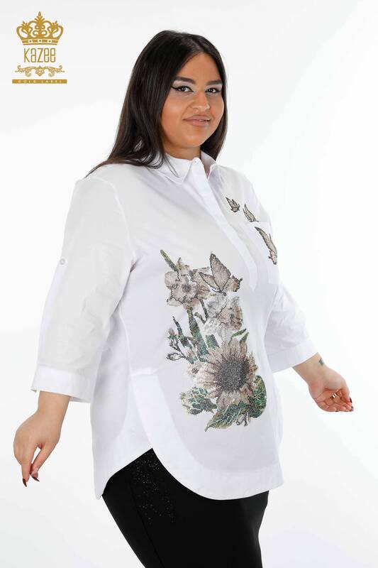 فروش عمده پیراهن زنانه - طرح پروانه گلدار - سنگ دوزی شده - پنبه - 20128 | KAZEE