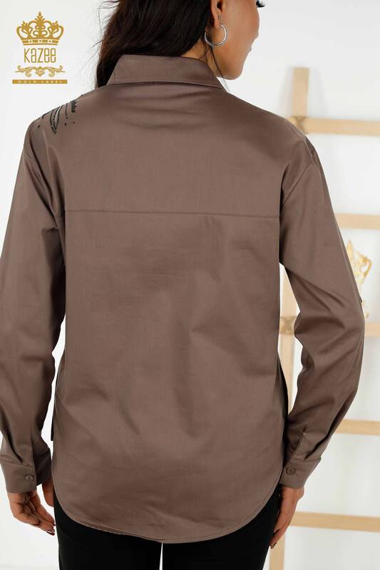 فروش عمده پیراهن زنانه - گل - سنگ دوزی - قهوه ای - 20232 | KAZEE
