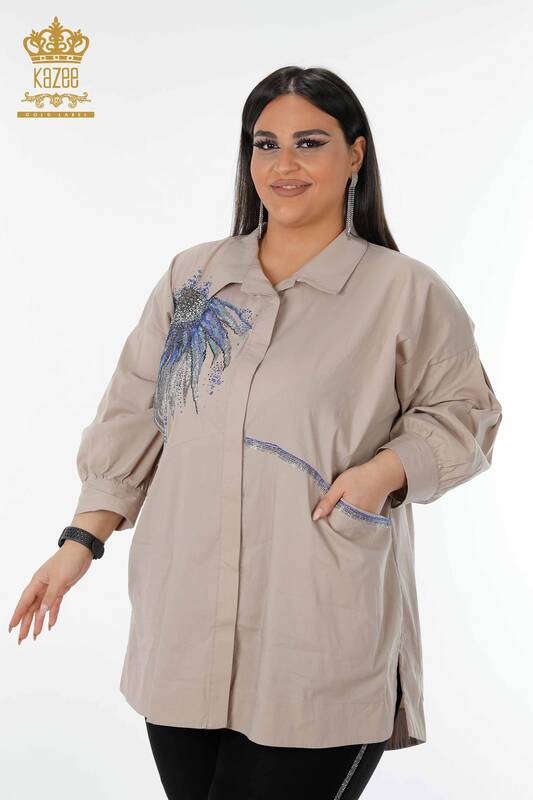 فروش عمده پیراهن زنانه - طرح دار - جیبی - بژ - 20197 | KAZEE
