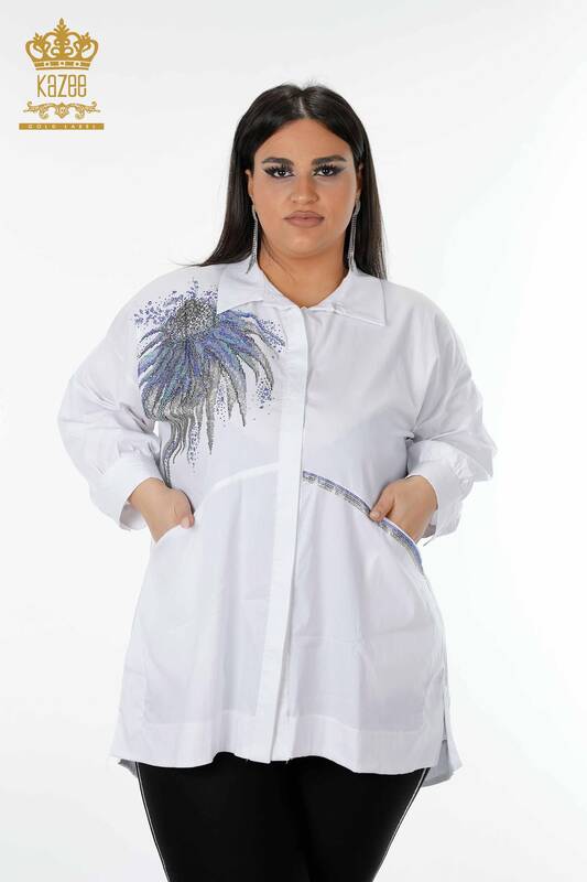 فروش عمده پیراهن زنانه - طرح دار - جیبی - سفید - 20197 | KAZEE