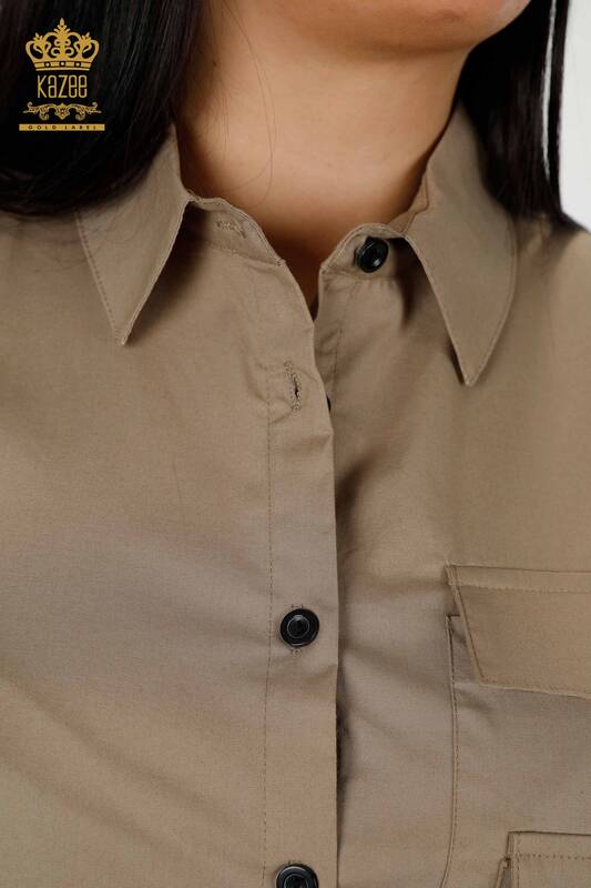 فروش عمده پیراهن زنانه - جزییات جیبی - بژ - 20325 | KAZEE