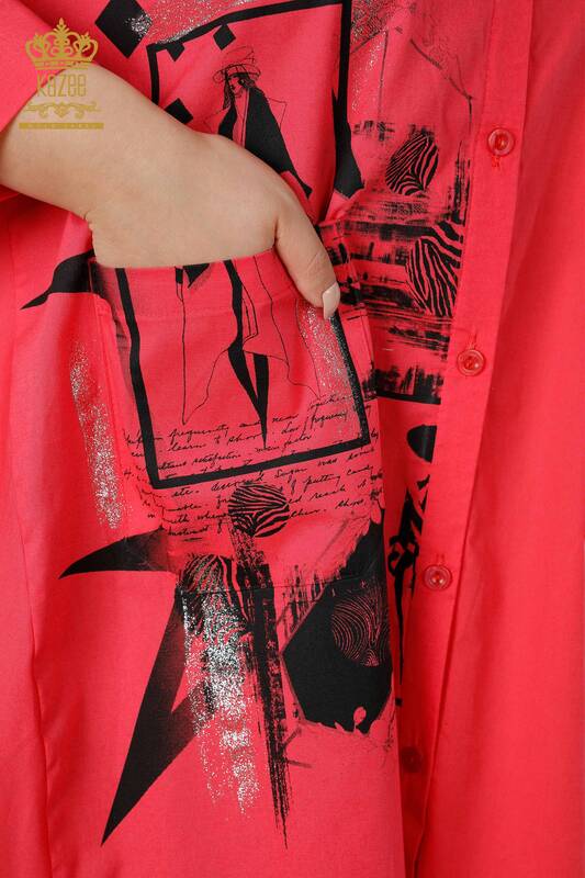 فروش عمده پیراهن زنانه - جزییات جیبی - مرجانی - 17199 | KAZEE