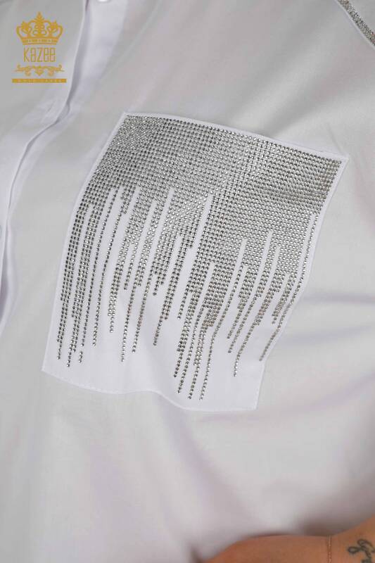 فروش عمده پیراهن زنانه - جیبی - سنگ دوزی - اکرو - 20346 | KAZEE