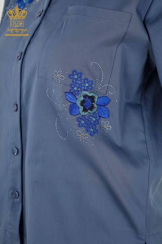 فروش عمده پیراهن زنانه - جیبی - سنگ دوزی - نیلی - 20248 | KAZEE