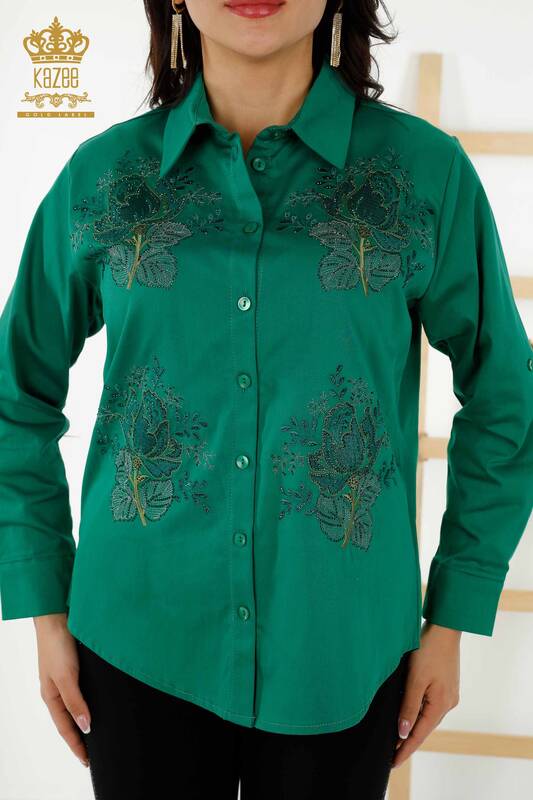 فروش عمده پیراهن زنانه - طرح رز - سبز - 20243 | KAZEE