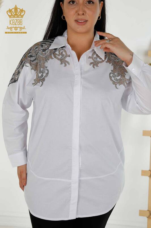 فروش عمده پیراهن زنانه - جزییات شانه - سفید - 20440 | KAZEE