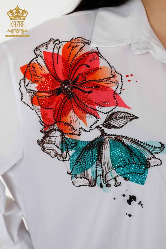 فروش عمده پیراهن زنانه - سنگ دوزی - سفید - 20223 | KAZEE