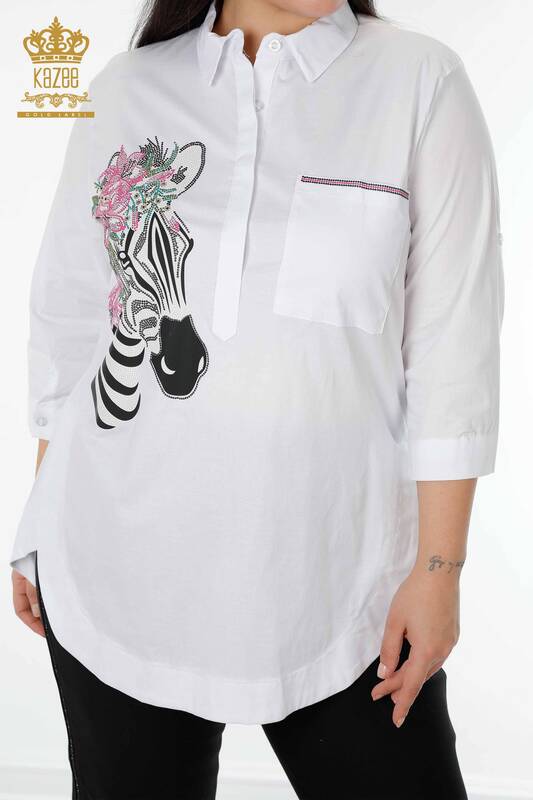 فروش عمده پیراهن زنانه - طرح گل گورخر - سفید - 20126 | KAZEE