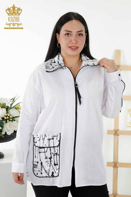 فروش عمده پیراهن زنانه - زیپ دار - جیبی - سفید - 20315 | KAZEE