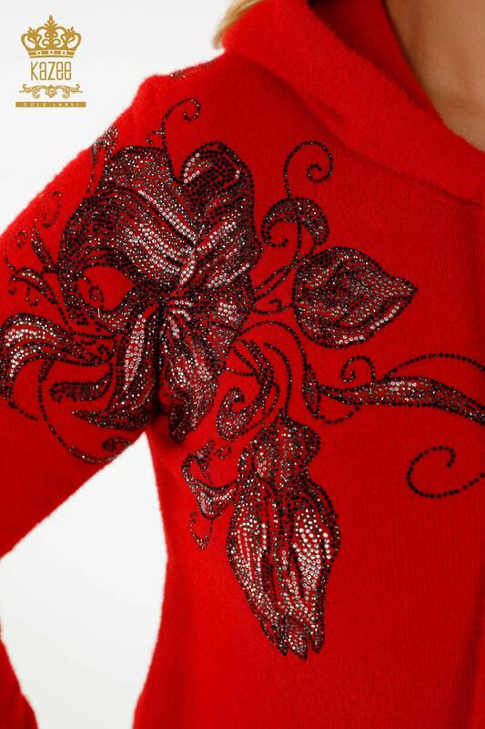 فروش عمده ژاکت بافتنی زنانه - کلاه دار - طرح دار - قرمز - 40005 | KAZEE