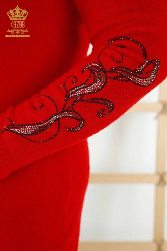 فروش عمده ژاکت بافتنی زنانه - کلاه دار - طرح دار - قرمز - 40005 | KAZEE