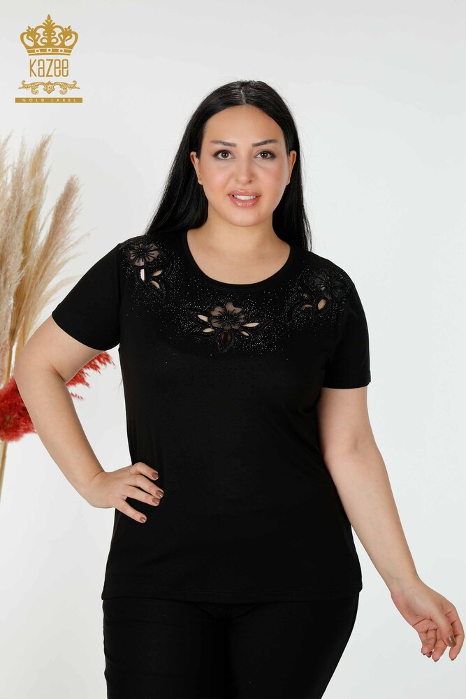 عمده فروشی بلوز زنانه مشکی با طرح گل-78922 | کازی - 1