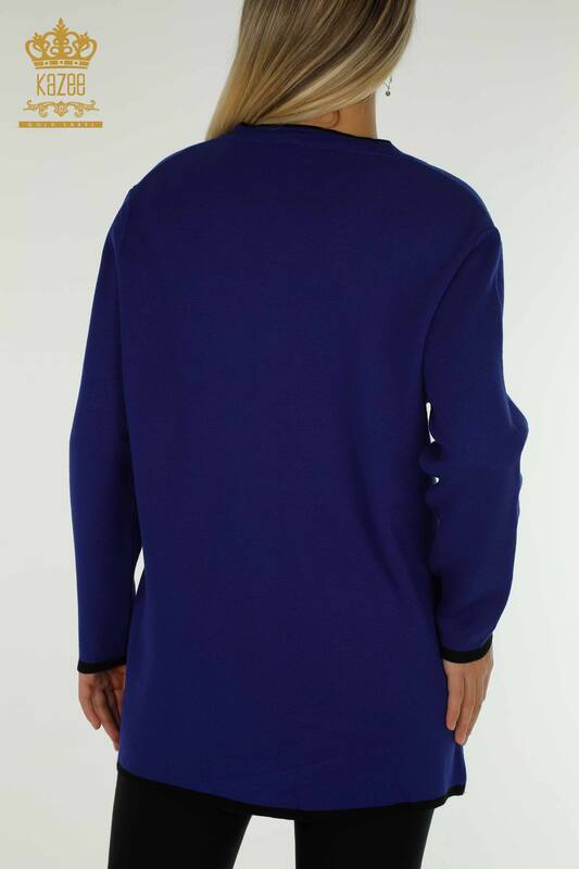 فروش عمده ژاکت کش باف پشمی زنانه - دکمه دار - جیبی - ساکس - 30148 | KAZEE