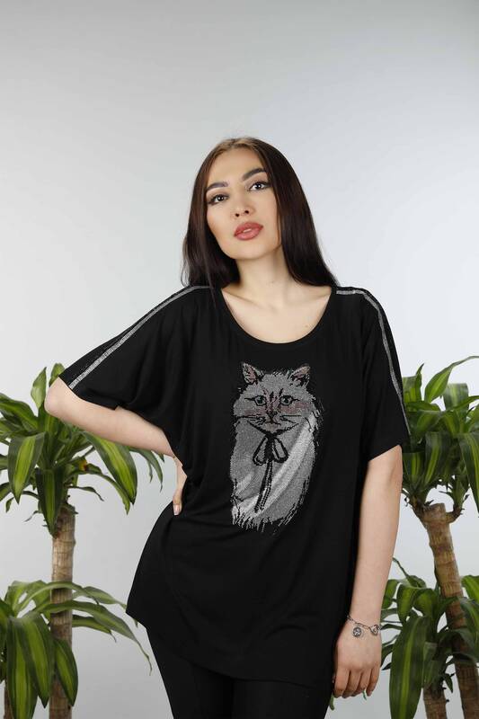 فروش عمده بلوز پوشاک زنانه - طرح گربه - سنگ دوزی - 77537 | KAZEE