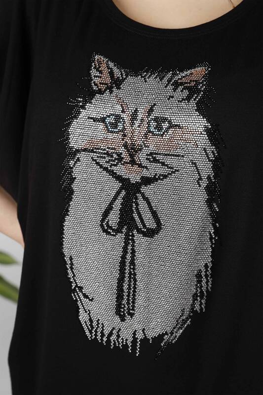 فروش عمده بلوز پوشاک زنانه - طرح گربه - سنگ دوزی - 77537 | KAZEE