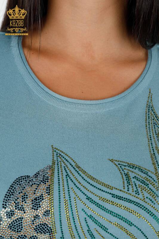 فروش عمده لباس بافتنی زنانه - آستین کوتاه - طرح ببر و برگ - سنگ دوزی - 16949 | KAZEE