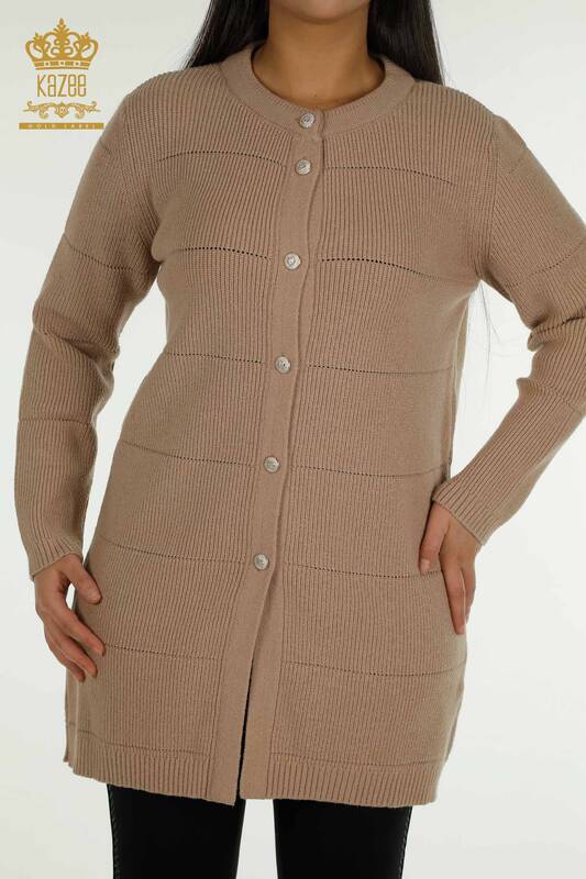 فروش عمده ژاکت کش باف پشمی بلند زنانه - سوراخ دار - بژ - 30643 | KAZEE