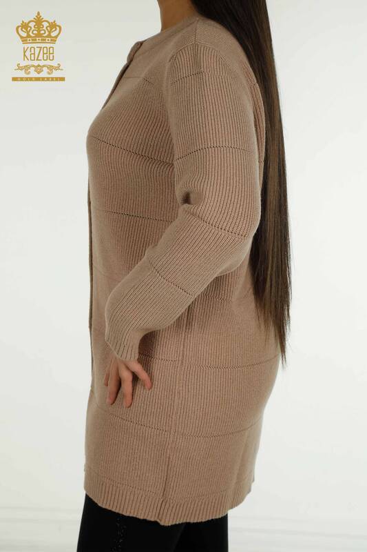 فروش عمده ژاکت کش باف پشمی بلند زنانه - سوراخ دار - بژ - 30643 | KAZEE