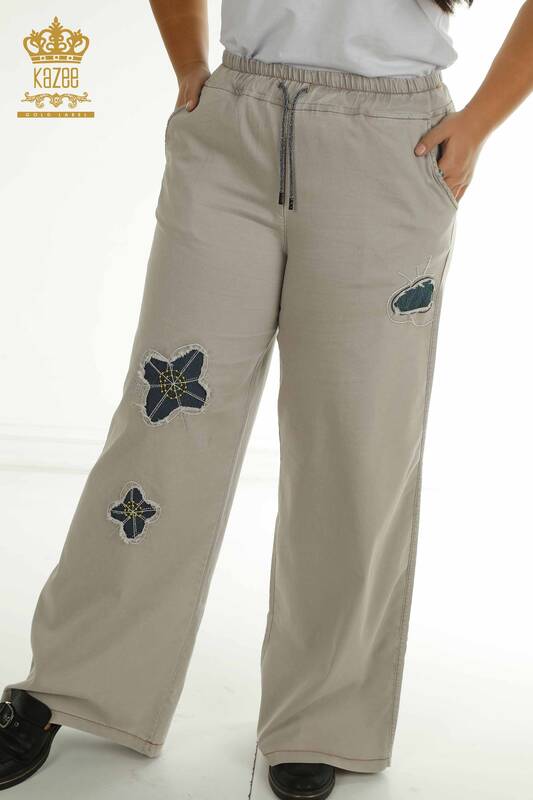 Wholesale Women's Trousers - Floral Embroidered - Beige - 2410-4018 | G