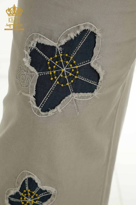 Wholesale Women's Trousers - Floral Embroidered - Beige - 2410-4018 | G