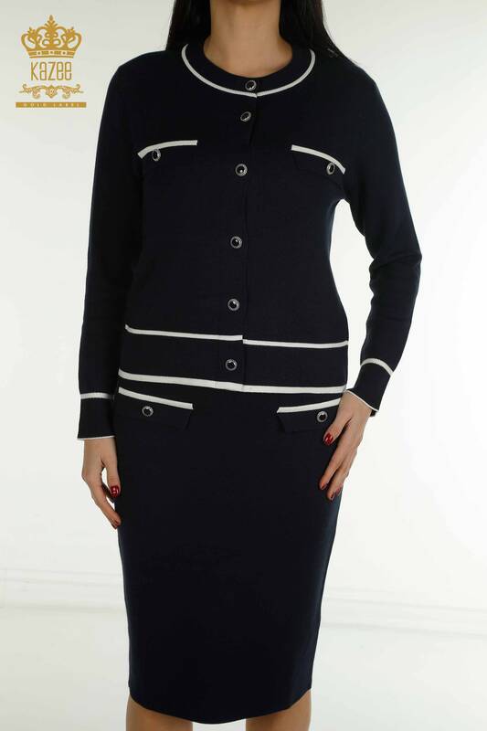 فروش عمده کت و شلوار دو تکه زنانه - آستین بلند - آبی سرمه ای - 30867 | KAZEE
