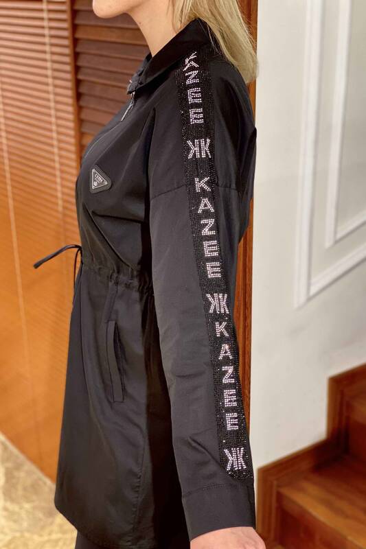 Toptan Kadın Ceket Kol Taş İşlemeli Fermuarlı Uzun - 17307 | KAZEE