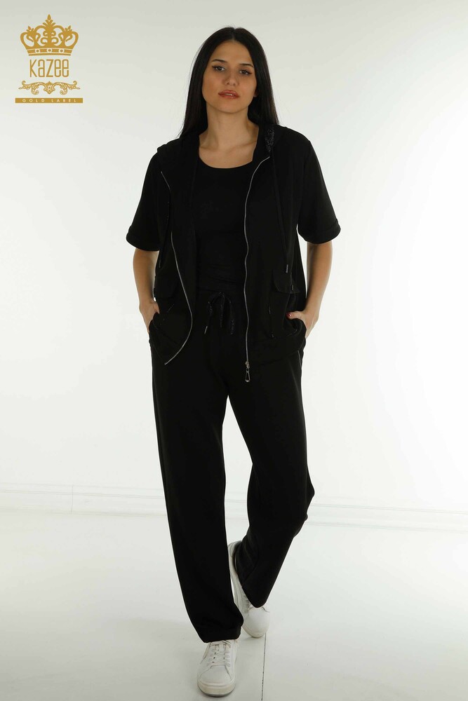 Großhandel Damen-Trainingsanzug-Set Schwarz mit Steinstickerei - 17675 | KAZEE - 1