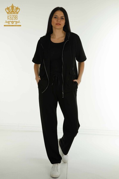 Großhandel Damen-Trainingsanzug-Set Schwarz mit Steinstickerei - 17675 | KAZEE - 1