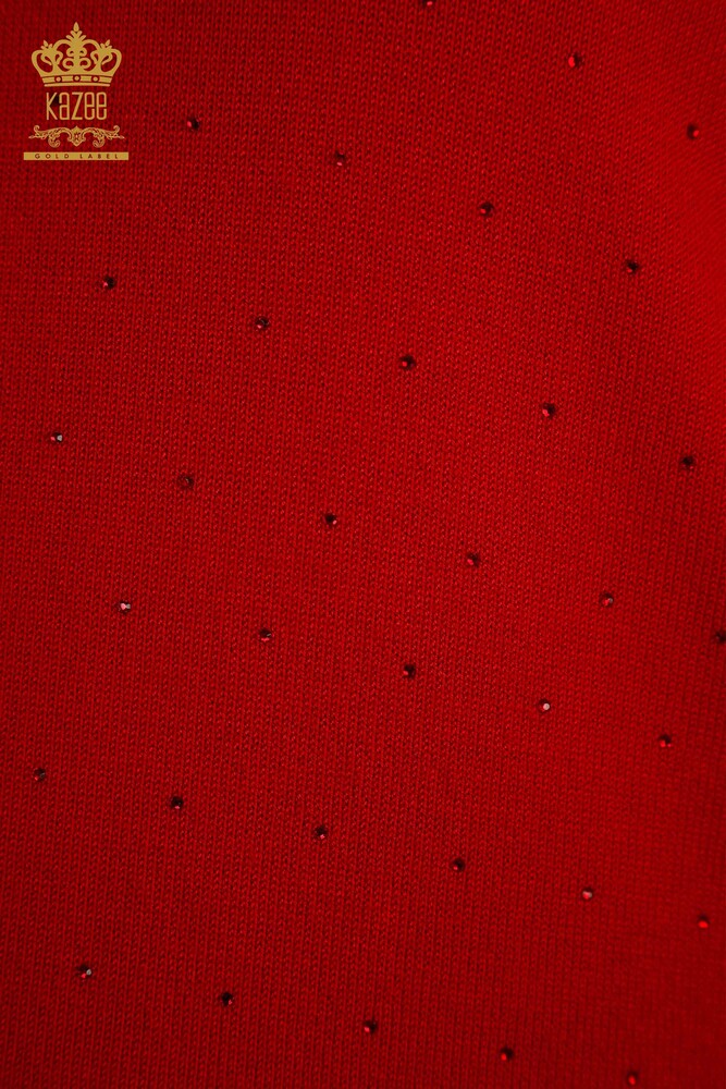 Großhandel Damen-Strickpullover Rot mit Steinstickerei - 30677 | KAZEE - 4