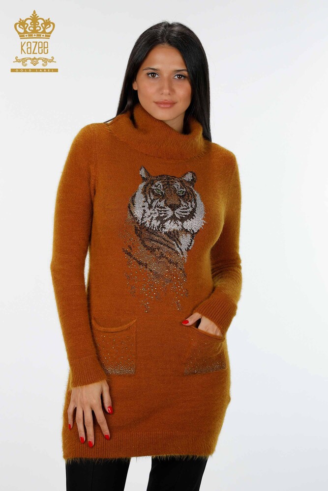Großhandel Damen Angora-Tunika - Tigermuster - Stein bestickt - Tasche - 18880 | KAZEE - 7