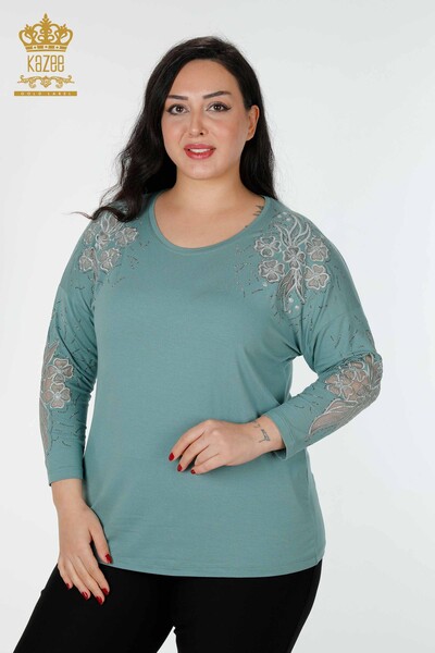 Großhandel Hellblaue Bluse mit Blumendruck für Damen - 77950 | KAZEE 