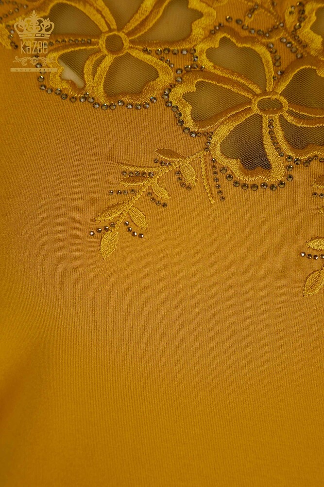 Großhandel Damenbluse mit Blumenmuster Safran - 79049 | KAZEE - 4