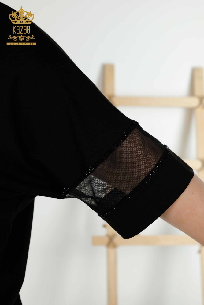 Großhandel Damenbluse Blumenmuster Schwarz - 79059 | KAZEE - 6