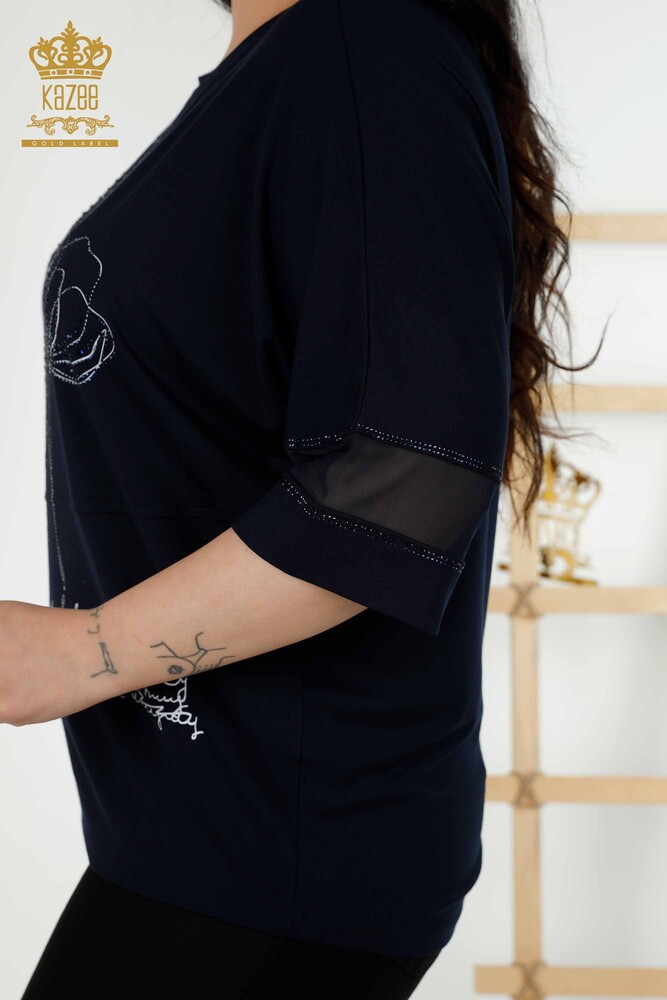 Großhandel Damen Bluse Blumenmuster Marineblau - 79059 | KAZEE - 6