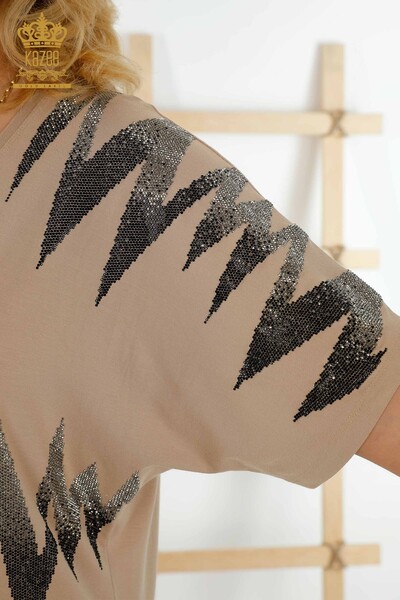 Großhandel Damenbluse - Gemustert - Kurzarm - Beige - 79109 | KAZEE - 5