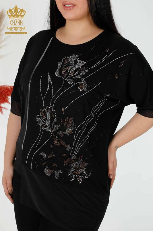 Großhandel Damenbluse gemustert Tüll detailliert schwarz - 79027 | KAZEE