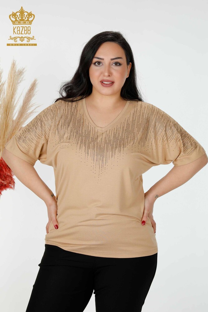 Großhandel Damenbluse - Kristall Stein Bestickt - Beige - 77938 | KAZEE - 1