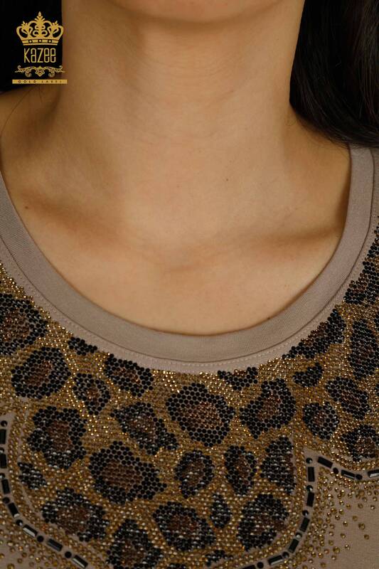 Großhandel Damen Bluse - Leoparden Stickerei - Nerz - 79367 | KAZEE