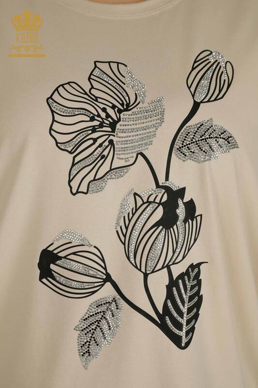 Großhandel Damen Bluse - Blumen bestickt - Beige - 79459 | KAZEE